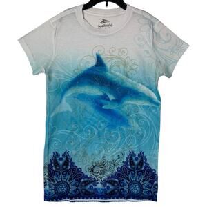 Sea World women's size small dolphin mandala glitter short sleeve shirt blue whi